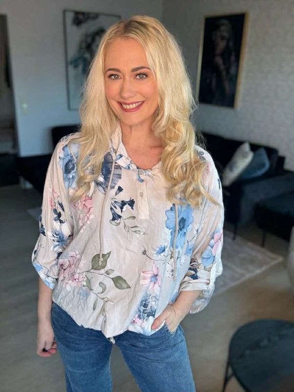 Blomster bluse med hette beige